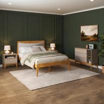 Conjunto Quarto Casal com Cama Casal com Cabeceira Estofada, 2 Mesas de Cabeceira e Cômoda 3 Gavetas com Pés de Madeira Maciça Bento Yescasa