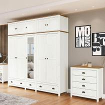 Conjunto Quarto Casal Guarda Roupa 9101-9139BF 10 Portas 4 Gavetas Madeira Branco-Freijó