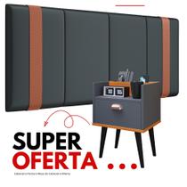 Conjunto Quarto Casal Mesa de Cabeceira com Gaveta e Porta Celular Cinza + Cabeceira Parisi 1.40 Conjunto Quarto Casal Mesa de Cabeceira com Gaveta e Porta Celular Cinza + Cabeceira Parisi 1.40