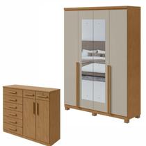 Conjunto Quarto Closet 4 Portas Espelho e Cômoda 8 Gavetas MDF Alonzo Toronto Amêndoa Clean/Off White Conjunto Quarto Closet 4 Portas Espelho e Cômoda 8 Gavetas MDF Alonzo Toronto Amêndoa Clean/Off White