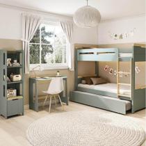 Conjunto Quarto Completo Treliche com LED, Escrivaninha e Estante Petit Casatema Verde/Mel