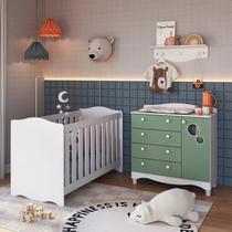 Conjunto Quarto de Bebê 1 Berço 1 Colchão 1 Cômoda Trocador 1 Prateleira Branco/Verde Conjunto Quarto de Bebê 1 Berço 1 Colchão 1 Cômoda Trocador 1 Prateleira Branco/Verde