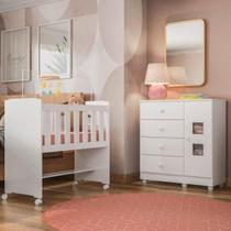 Conjunto Quarto de Bebê 100% MDF Mini Berço com Colchão e Cômoda 1 Porta 4 Gavetas Branco