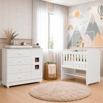 Conjunto Quarto de Bebê 100% MDF Mini Berço com Colchão e Cômoda 1 Porta 4 Gavetas Branco
