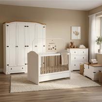 Conjunto Quarto de Bebê 4 Peças com Berço Cômoda Guarda-Roupa e Baú MDF Bege Retrô Smile