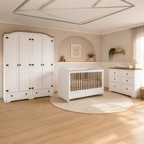 Conjunto Quarto de Bebê 4 Peças com Berço Cômoda Guarda-Roupa e Colchão MDF Bege Retrô Smile