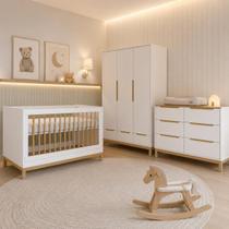 Conjunto quarto de bebê com Berço 2 em 1 vira Mini Cama Cômoda e Guarda Roupa Cozy Branco com Carvalho