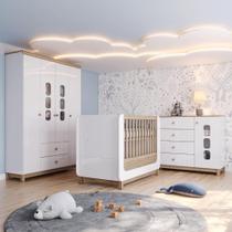 Conjunto Quarto de Bebê Completo Berço 2 em 1, Guarda-Roupa e Cômoda Sophia Branco e Jequitiba