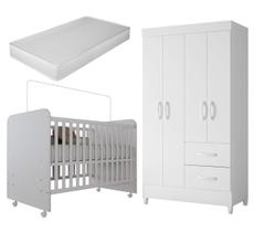 Conjunto Quarto de Bebê Completo com GuardaRoupa 3 Portas e Berço com Rodinhas Branco Moderno, Seguro e Funcional Com Colchão