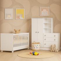 Conjunto Quarto de Bebê Completo Doce Sonho Guarda Roupa Conjugado E Berço 2 em 1 Com Colchão