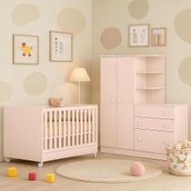 Conjunto Quarto de Bebê Completo Doce Sonho Guarda Roupa Conjugado E Berço Com Colchão