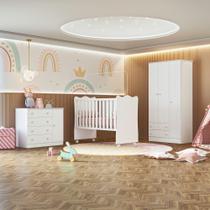 Conjunto Quarto de Bebê Completo Guarda Roupa Cômoda e Berço com Rodízio Doce Sonho