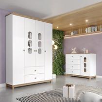 Conjunto Quarto de Bebê Guarda Roupa 4 Portas e Cômoda com Vidro Aconchego Branco/Jequitibá