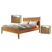 Conjunto Quarto de Casal Cama Casal 140cm Madeira Maciça Ratan e 2 Mesas de Cabeceira 2 Gavetas2