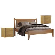 Conjunto Quarto de Casal Cama em Madeira Maciça 140cm e 2 Mesas de Cabeceira 3 Gavetas Unique