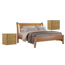 Conjunto Quarto de Casal Cama Madeira Maciça de 140cm e 2 Mesas de Cabeceira 3 Gavetas Unique