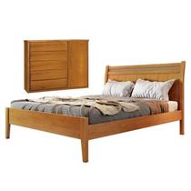 Conjunto Quarto de Casal Cama Madeira Maciça Detalhe Rattan e Cômoda 5 Gavetas com Sapateira Unique