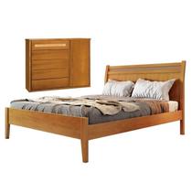 Conjunto Quarto de Casal Cama Madeira Maciça Rattan 140cm e Cômoda Rattan 5 Gavetas com Sapateira
