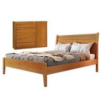 Conjunto Quarto de Casal Cama Queen 160cm em Madeira Maciça e Cômoda 5 Gavetas com Sapateira Unique Marrom/Amêndoa Mel