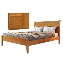 Conjunto Quarto de Casal Cama Queen e Cômoda 5 Gavetas com Sapateira e Detalhes Rattan Unique