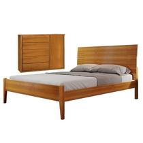 Conjunto Quarto de Casal Cama Queen Madeira Maciça e Cômoda 5 Gavetas com Sapateira Unique