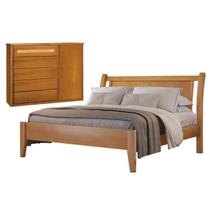 Conjunto Quarto de Casal Cama Queen Madeira Maciça e Cômoda 5 Gavetas Detalhes em Rattan Unique