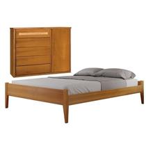 Conjunto Quarto de Casal Cama Queen Madeira Maciça e Cômoda com Rattan 5 Gavetas com Sapateira