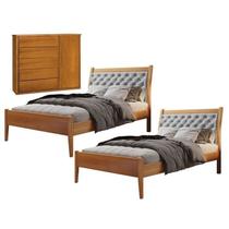 Conjunto Quarto de Solteiro 2 Camas e Cômoda 5 Gavetas 1 Porta com Sapateira