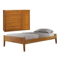 Conjunto Quarto de Solteiro Madeira Maciça Cama sem Cabeceira e Cômoda 5 Gavetas com Sapateira