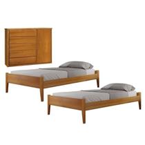 Conjunto Quarto de Solteiro Madeira Maciça com 2 Camas e Cômoda 5 Gavetas com Sapateira Unique