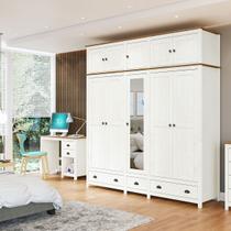 Conjunto Quarto: Guarda-Roupa 10 Portas, Escrivaninha 3 Gavetas Topázio Branco/Freijó Madeira Pinus - Finestra