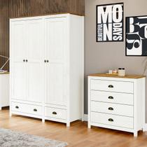 Conjunto Quarto: Guarda-Roupa 3 Portas, Cômoda 4 Gavetas Topázio Branco/Freijó Madeira Pinus - Finestra Conjunto Quarto: Guarda-Roupa 3 Portas, Cômoda 4 Gavetas Topázio Branco/Freijó Madeira Pinus - Finestra