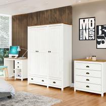 Conjunto Quarto: Guarda-Roupa 3 Portas, Escrivaninha, Cômoda 4 Gavetas Branco/Freijó Topázio Madeira Pinus - Finestra Conjunto Quarto: Guarda-Roupa 3 Portas, Escrivaninha, Cômoda 4 Gavetas Branco/Freijó Topázio Madeira Pinus - Finestra