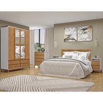 Conjunto Quarto: Guarda-Roupa 4 Portas Cama Casal Cômoda 2 Mesas Cabeceiras Prata Off White/Freijó Madeira Pinus - Finestra