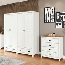 Conjunto Quarto: Guarda-Roupa 4 Portas, Cômoda 4 Gavetas Topázio Branco/Freijó Madeira Pinus - Finestra