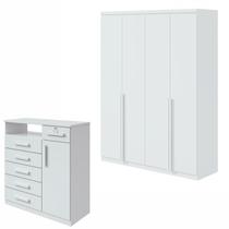 Conjunto Quarto Guarda-Roupa 4 Portas e Cômoda 6 Gavetas com Nicho MDF Alonzo da Vinci Branco Conjunto Quarto Guarda-Roupa 4 Portas e Cômoda 6 Gavetas com Nicho MDF Alonzo da Vinci Branco