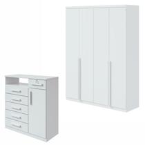 Conjunto Quarto Guarda-Roupa 4 Portas e Cômoda 6 Gavetas com Nicho MDF Alonzo da Vinci Branco Conjunto Quarto Guarda-Roupa 4 Portas e Cômoda 6 Gavetas com Nicho MDF Alonzo da Vinci Branco