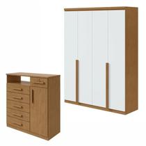 Conjunto Quarto Guarda-Roupa 4 Portas e Cômoda 6 Gavetas MDF Alonzo da Vinci Amêndoa Clean/Branco Conjunto Quarto Guarda-Roupa 4 Portas e Cômoda 6 Gavetas MDF Alonzo da Vinci Amêndoa Clean/Branco