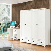 Conjunto Quarto: Guarda-Roupa 4 Portas, Escrivaninha 2 Gavetas Topázio Branco/Freijó Madeira Pinus - Finestra Conjunto Quarto: Guarda-Roupa 4 Portas, Escrivaninha 2 Gavetas Topázio Branco/Freijó Madeira Pinus - Finestra