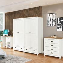 Conjunto Quarto: Guarda-Roupa 4 Portas, Escrivaninha, Cômoda 4 Gavetas Topázio Branco/Freijó Madeira Pinus - Finestra Conjunto Quarto: Guarda-Roupa 4 Portas, Escrivaninha, Cômoda 4 Gavetas Topázio Branco/Freijó Madeira Pinus - Finestra