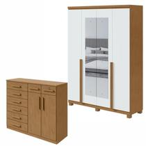 Conjunto Quarto Guarda-Roupa 4 Portas Espelho e Cômoda 8 Gavetas MDF Alonzo Marrom Amêndoa Clean/Branco Conjunto Quarto Guarda-Roupa 4 Portas Espelho e Cômoda 8 Gavetas MDF Alonzo Marrom Amêndoa Clean/Branco