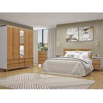 Conjunto Quarto: Guarda-Roupa 5 Portas Cama Casal Cômoda 2 Mesas Cabeceiras Off White/Freijó Prata Madeira Pinus - Finestra