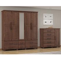 Conjunto Quarto: Guarda-Roupa 5 Portas, Cômoda Sapateira 5 Gavetas Ouro Café Madeira Pinus - Finestra