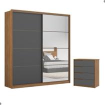 Conjunto Quarto Guarda Roupa com Espelho e Comoda Napolis Amendola Grafito