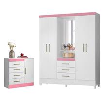 Conjunto Quarto Guarda Roupa e Comoda Arezzo Branco Rosa