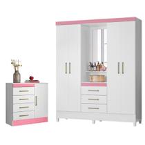 Conjunto Quarto Guarda Roupa e Comoda Arezzo Branco Rosa