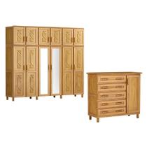 Conjunto Quarto: Guarda-Roupa Grécia Casal 12 Portas 3 Gavetas Cômoda Sapateira 5 Gavetas Mel Madeira Maciça Pinus - Cavazotto