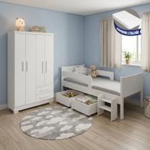 Conjunto Quarto Infantil Cama Luna Plus com Colchão + Guarda-roupa Paris 4 Portas 2 Gavetas - Branco Conjunto Quarto Infantil Cama Luna Plus com Colchão + Guarda-roupa Paris 4 Portas 2 Gavetas - Branco