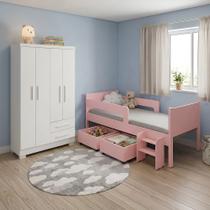 Conjunto Quarto Infantil Cama Luna Plus Rosa 2 Baús e Escada + Guarda-roupa Paris 4 Portas - Branco Conjunto Quarto Infantil Cama Luna Plus Rosa 2 Baús e Escada + Guarda-roupa Paris 4 Portas - Branco