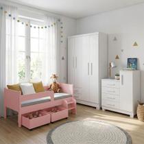 Conjunto Quarto Infantil Cama Luna Plus Rosa + Cômoda Versátil Branca + Guarda-roupa Paris - Branco Conjunto Quarto Infantil Cama Luna Plus Rosa + Cômoda Versátil Branca + Guarda-roupa Paris - Branco